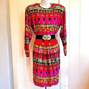 Vintage Dana Buchman Silk Dress Retro Crown & Floral Pattern Gold Trim Belt